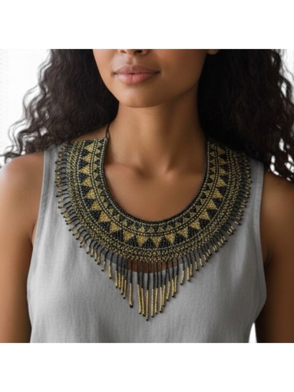 Ethnic Beaded Bib Necklace Black Gold Glass Handmade
